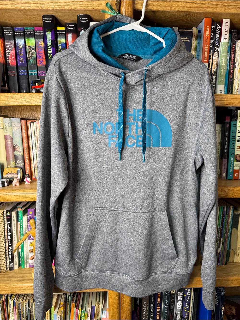 The North Face Men’s Heather Gray Pullover Hoodie with Teal Logo